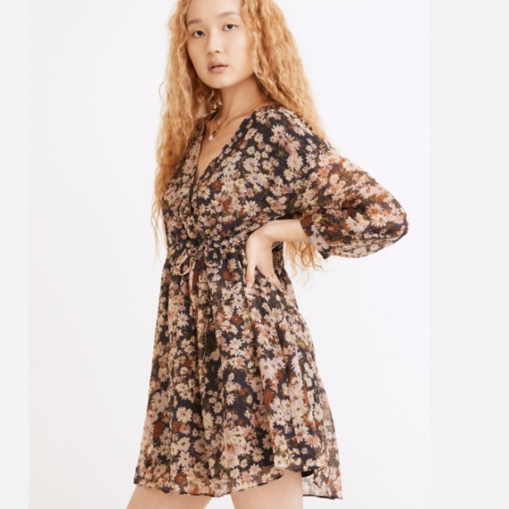 MADEWELL NAVY FLORAL DRAWSTRING FAUX WRAP MINI DRESS - XS